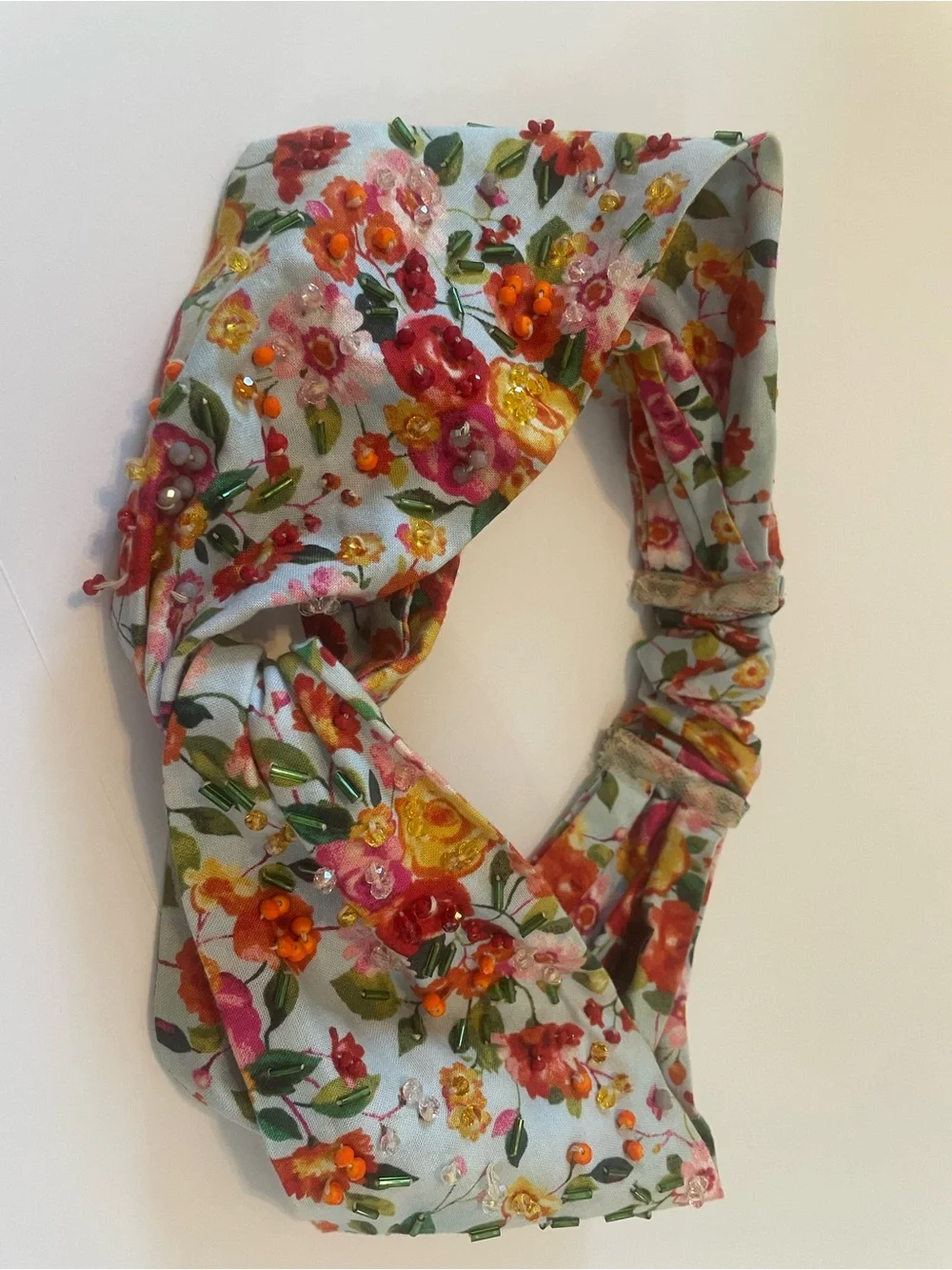 Josefina by Vero Solis Floral Beaded Knotted Headband Turban Blue